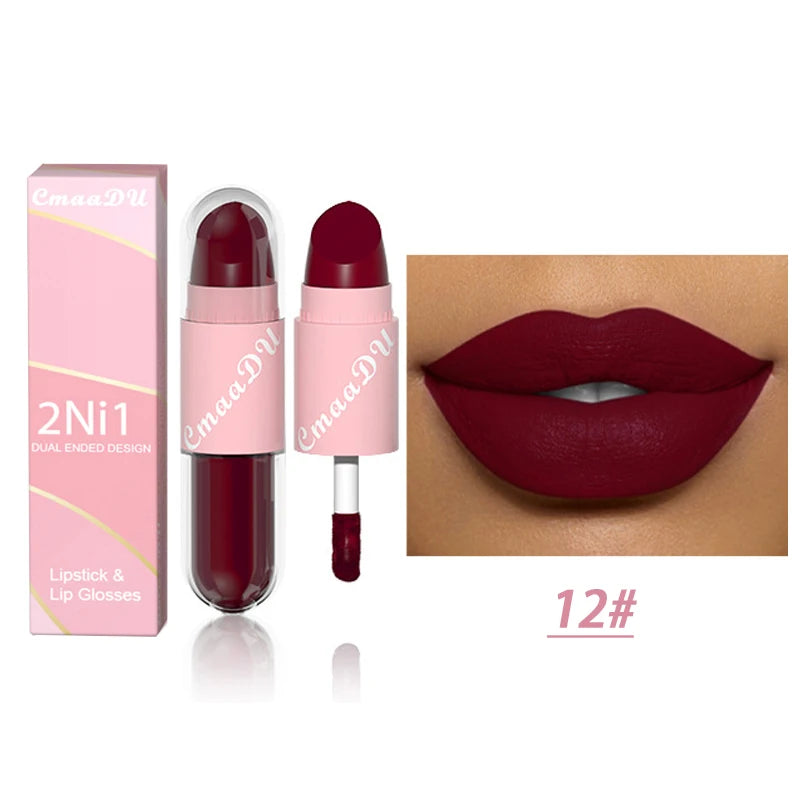 18 Colors 2 in 1 Matte Lipstick Liquid Purple Lip Glaze Double Head Lip Makeup Lasting Waterproof Velvet Sexy Dark Red Lipsticks - kellylooksshop
