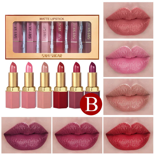 6 Colors Gold Bar Tube Lipstick Matte Texture Pearlescent Glitter Velvet Lipstick Valentine's Day Gift 1PCS - kellylooksshop