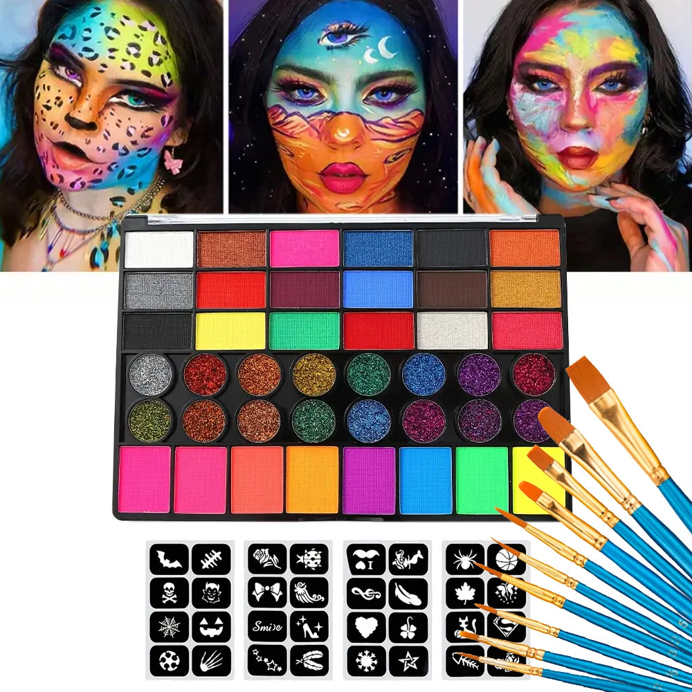 42 Colors Water Soluble Face Body Painting Set UV Neon Glitter Face Paint Art Halloween and Christmas Party Body Paint Makeup - kellylooksshop