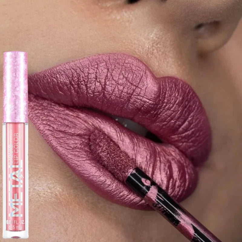 Matte Glitter Liquid Lip Gloss Makeup Waterproof Non-stick Cup Metal Lipstick Set Lasting Shiny Lip Color Tone Charming Lipstick - kellylooksshop