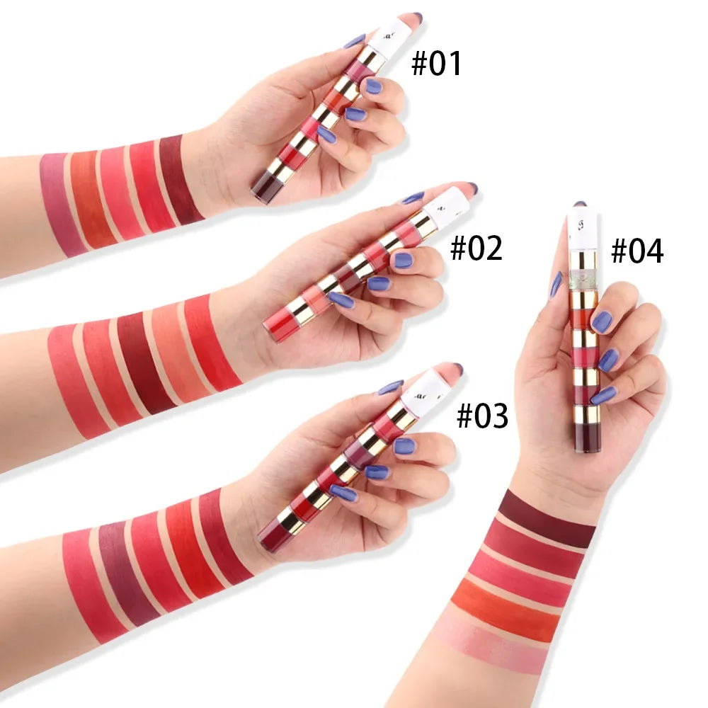 5 In 1 Matte Lipstick Kit Combo Strip Velvet Sexy Red Lip Tint Non-stick Cup Lip Gloss Lip Oil Makeup Lips Cosmetic Set - kellylooksshop
