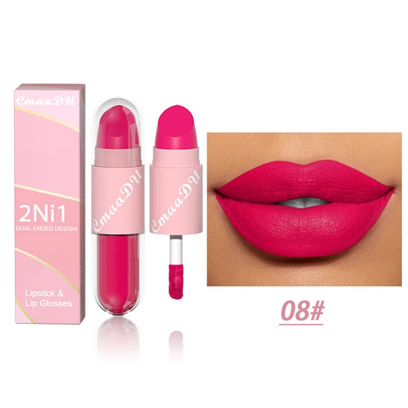 18 Colors 2 in 1 Matte Lipstick Liquid Purple Lip Glaze Double Head Lip Makeup Lasting Waterproof Velvet Sexy Dark Red Lipsticks - kellylooksshop