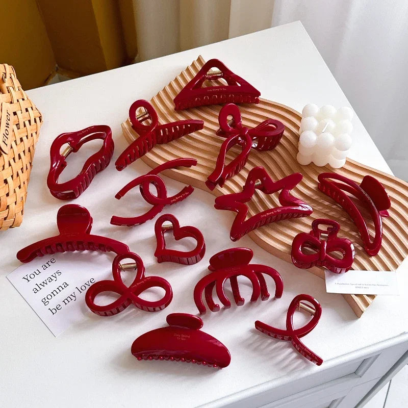 French Red Collection! Large Grip Gold Letters Label Hair Claw Woman Elegant Hairpins Shark Clip Crab Barrettes Hair Accessories - Kellylooks Shop