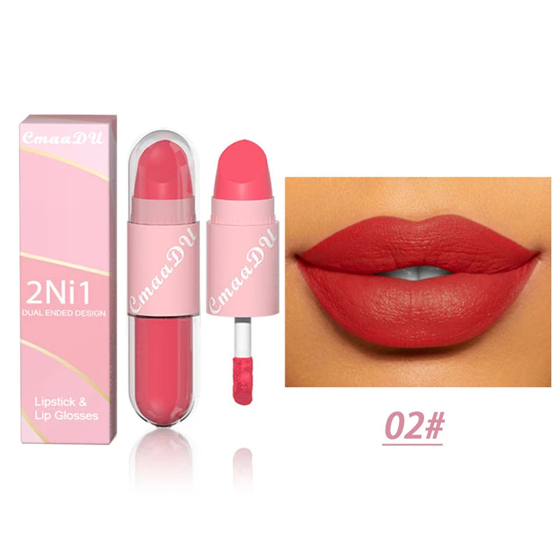 18 Colors 2 in 1 Matte Lipstick Liquid Purple Lip Glaze Double Head Lip Makeup Lasting Waterproof Velvet Sexy Dark Red Lipsticks - kellylooksshop