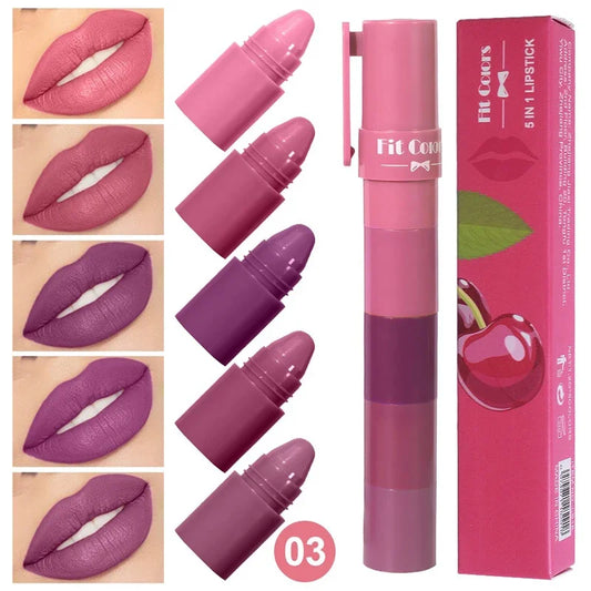 5 in 1 Matte Lipstick Crayon Kit Combo Red Purple Lip Tint Velvet Sexy Multicolour Lipstick Pen Non-stick Cup Lasting Lip Makeup - kellylooksshop