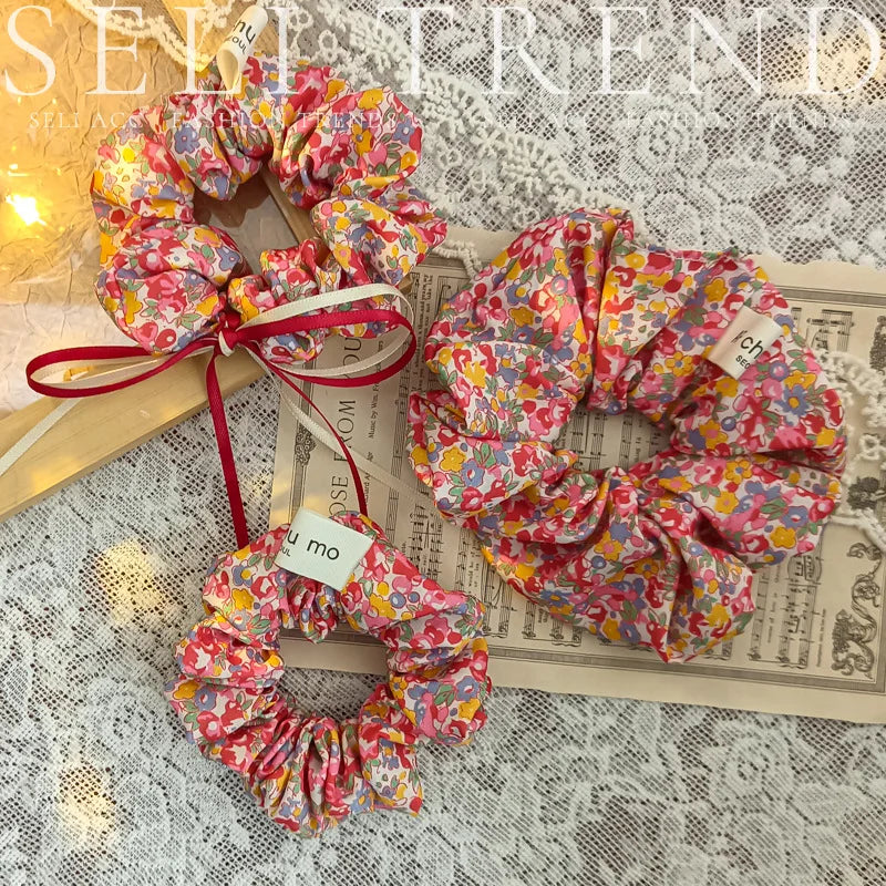French Fashion Plaid floralScrunchies for Hair  bow ribbon French girlish ponytail tie hair accessory versatile Hair ties - Kellylooks Shop