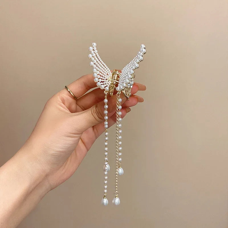 Super Fairy Butterfly Tassel Grab with Diamond Pearl Angel Wings Back Head Hair Grab Female Summer Half Tie Hair Artifact - Kellylooks Shop