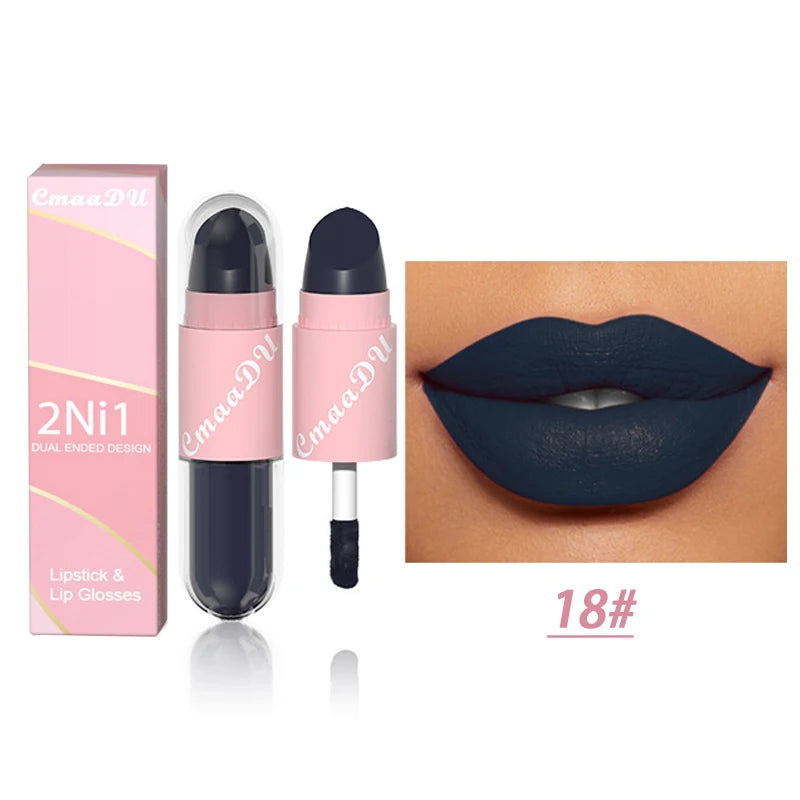 18 Colors 2 in 1 Matte Lipstick Liquid Purple Lip Glaze Double Head Lip Makeup Lasting Waterproof Velvet Sexy Dark Red Lipsticks - kellylooksshop