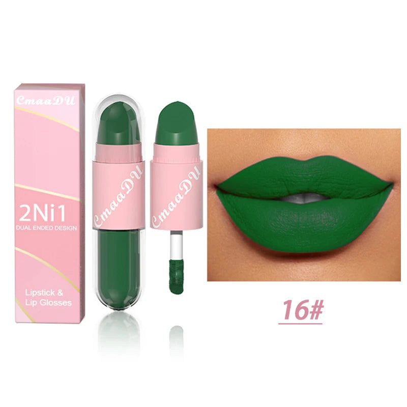 18 Colors 2 in 1 Matte Lipstick Liquid Purple Lip Glaze Double Head Lip Makeup Lasting Waterproof Velvet Sexy Dark Red Lipsticks - kellylooksshop