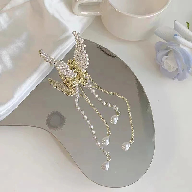 Super Fairy Butterfly Tassel Grab with Diamond Pearl Angel Wings Back Head Hair Grab Female Summer Half Tie Hair Artifact - Kellylooks Shop