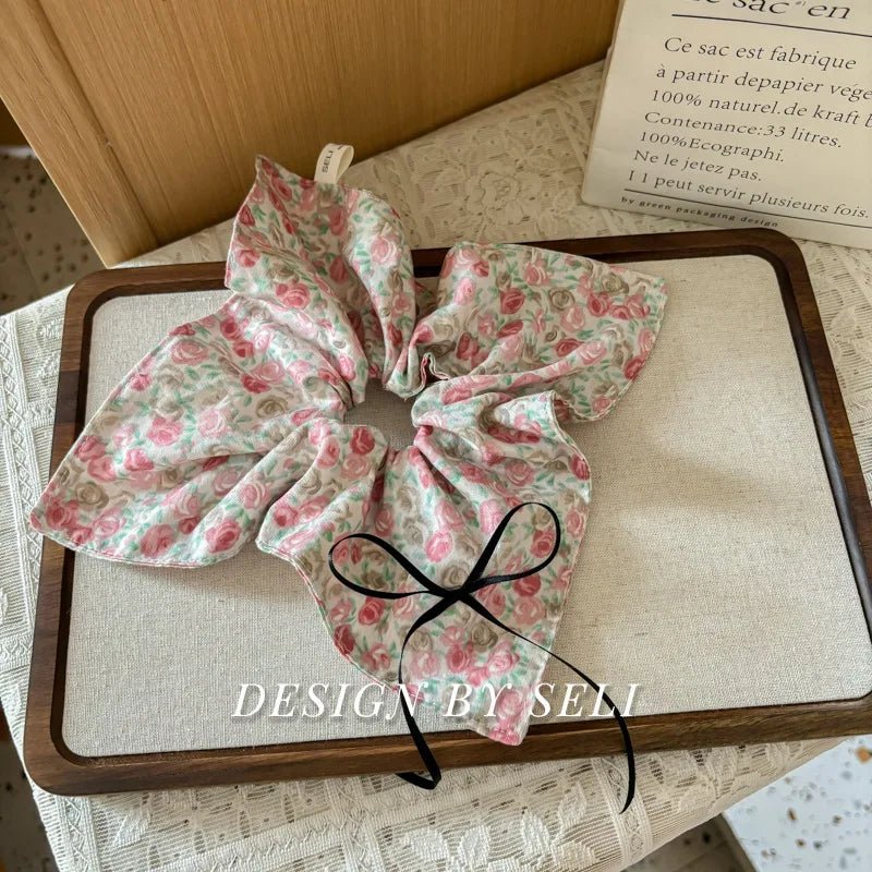 French Fashion Plaid floralScrunchies for Hair  bow ribbon French girlish ponytail tie hair accessory versatile Hair ties - Kellylooks Shop