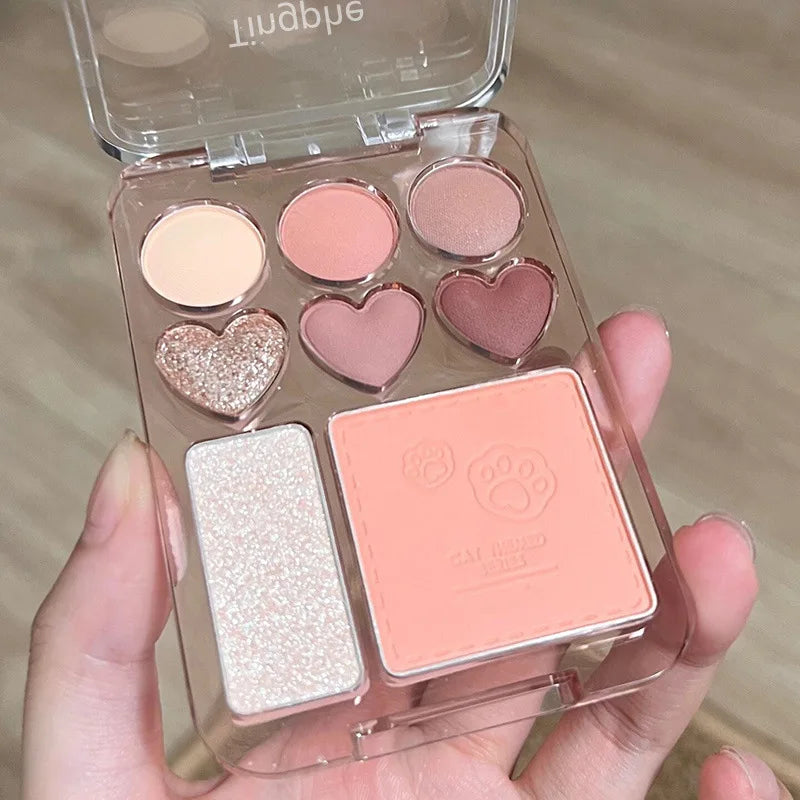 8-Color Pink Orange Eyeshadow Palette Facial Blusher Highlighter Brightening Lasting Heart-shaped Eye Shadow Makeup Cosmetics - kellylooksshop